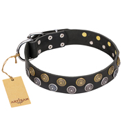 "Romantic Breeze" FDT Artisan Black Leather Labrador Collar with Sparkling Circles