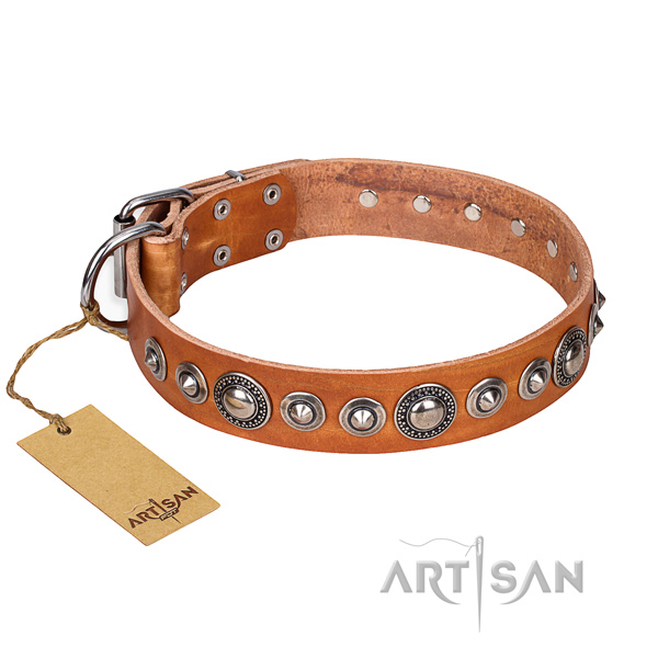 Leather dog collar made of soft to touch material with strong traditional buckle