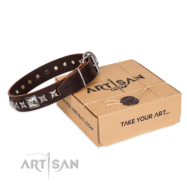 Comfortable wearing dog collar of fine quality natural leather with decorations