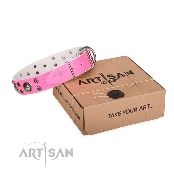 Comfy wearing dog collar of high quality leather with decorations