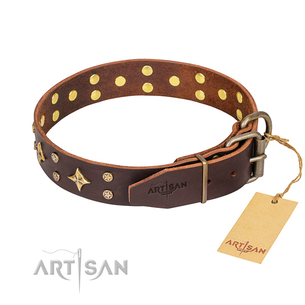 Everyday use embellished dog collar of strong full grain genuine leather