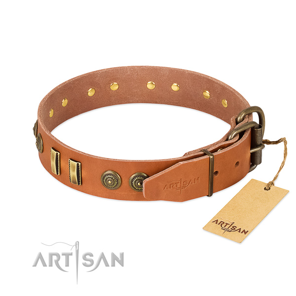 Rust resistant D-ring on genuine leather dog collar for your four-legged friend