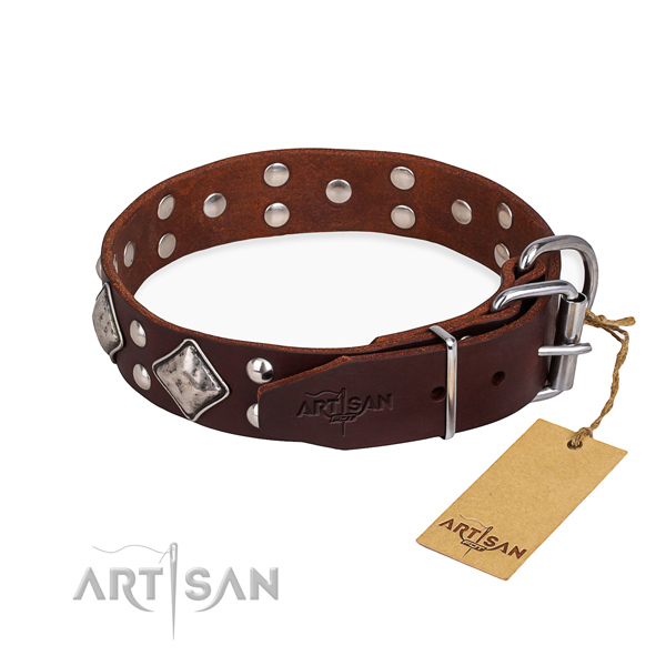 Full grain leather dog collar with impressive rust-proof decorations