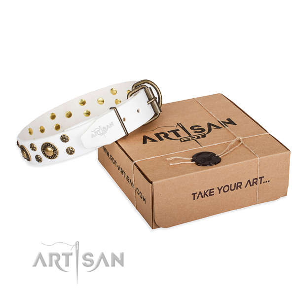 Easy wearing dog collar of high quality leather with adornments