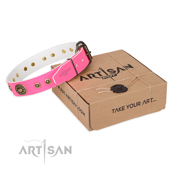 Full grain genuine leather dog collar made of top notch material with corrosion resistant D-ring