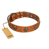 "Rockstar" FDT Artisan Tan Leather Labrador Collar with Engraved Studs and Medallions