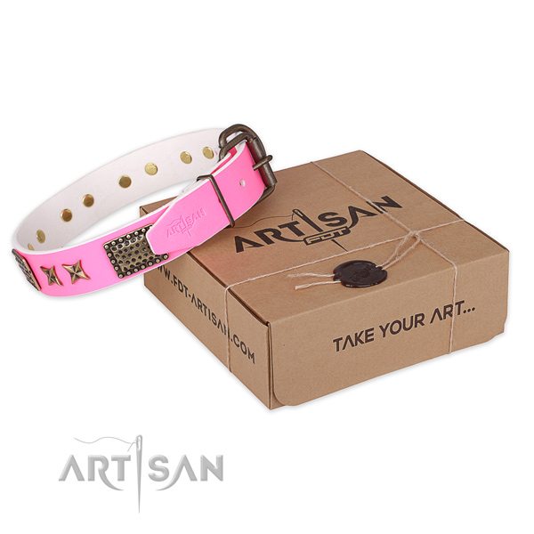 Durable D-ring on full grain genuine leather collar for your attractive dog