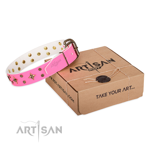 Comfy wearing dog collar of high quality full grain genuine leather with decorations