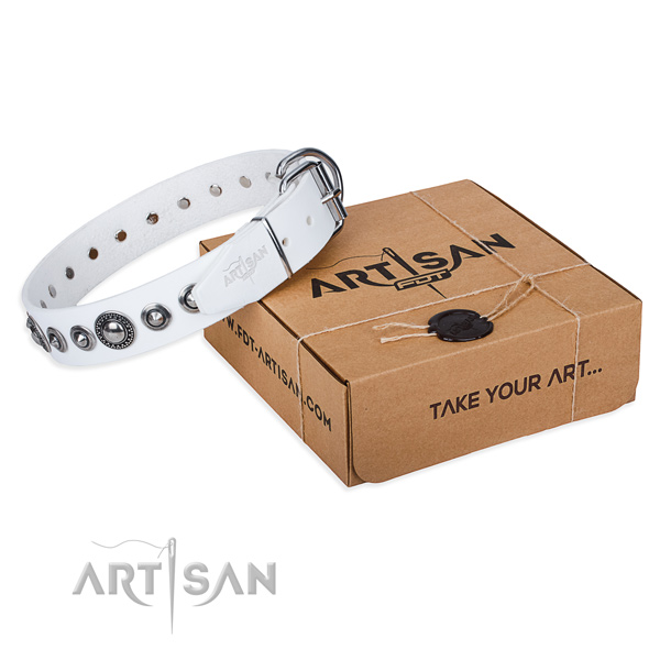 Full grain genuine leather dog collar made of top rate material with corrosion proof hardware