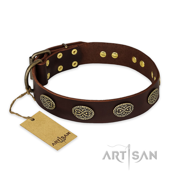 Decorated natural genuine leather dog collar with corrosion resistant traditional buckle