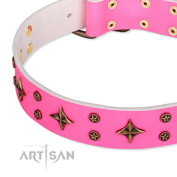 Easy wearing decorated dog collar of top notch natural leather