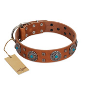 "Blue Sands" FDT Artisan Tan Leather Labrador Collar with Silver-like Studs and Round Conchos with Stones