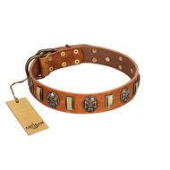 "Strike of Rock" FDT Artisan Tan Leather Labrador Collar with Plates and Medallions with Skulls