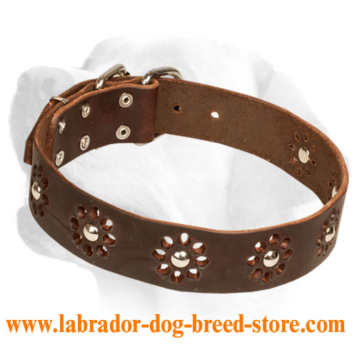 Studded Black Leather Dog Collar for Labrador [C81026 Flower Studded