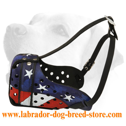 Reliable Leather Labrador Muzzle for Training with American Flag Painting