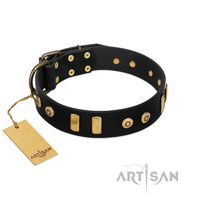 "Rare Dog" FDT Artisan Black Leather Labrador Collar with Old Bronze-like Dotted Studs and Tiles