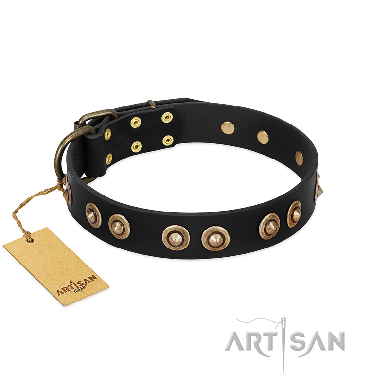 "Golden Artifact" FDT Artisan Black Leather Labrador Collar with Old-bronze Covered Medallions