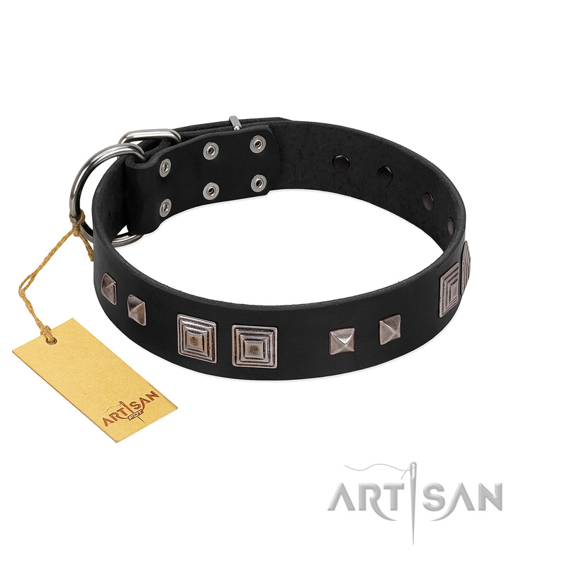 "Foregone Riches" FDT Artisan Black Leather Labrador Collar with Old Silver-like Square Studs and Pyramids