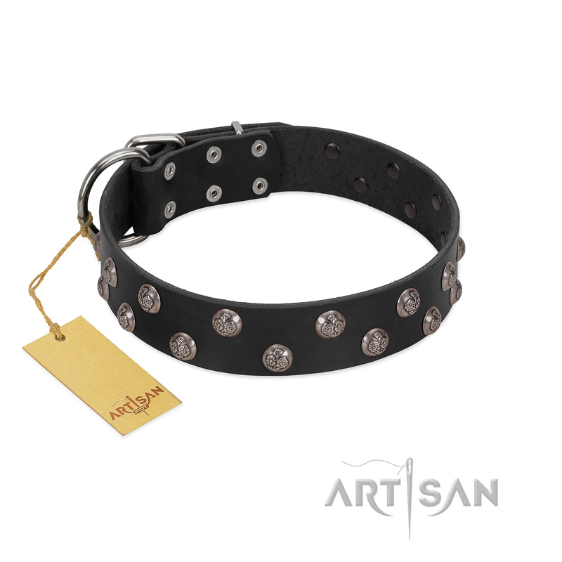 "Power-Flower" FDT Artisan Black Leather Labrador Collar with Two Rows of Silver-like Studs with Engraved Flowers