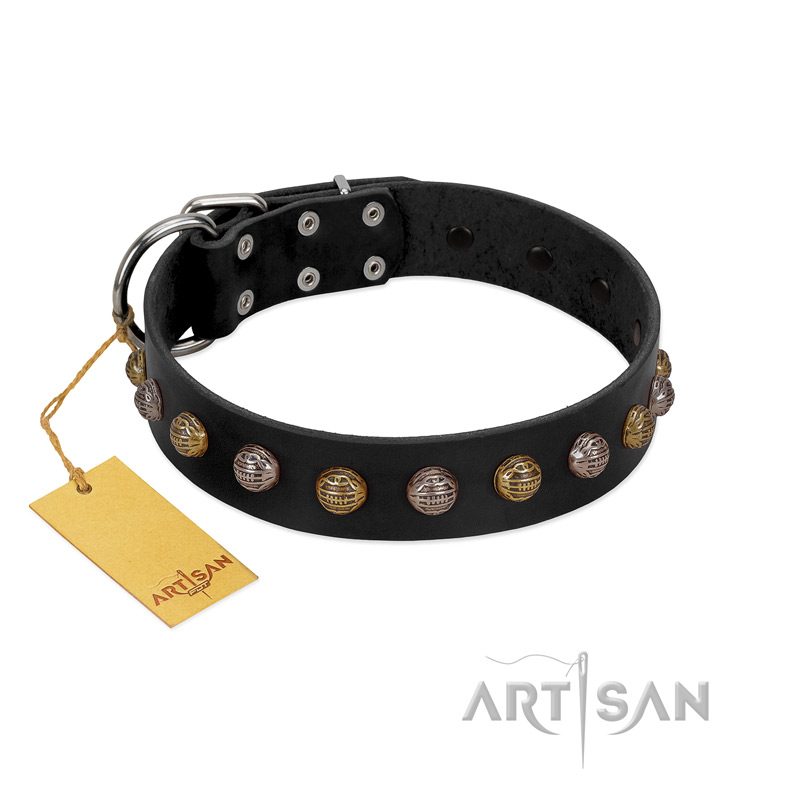 "Inky Prettification" FDT Artisan Black Leather Labrador Collar with One Row of Studs