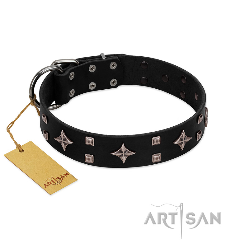 "Snappy Dresser" FDT Artisan Black Leather Labrador Collar Adorned with Stars and Tiny Squares