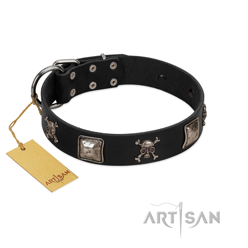 "Sea Rover" Embellished FDT Artisan Black Leather Labrador Collar with Chrome Plated Crossbones and Plates