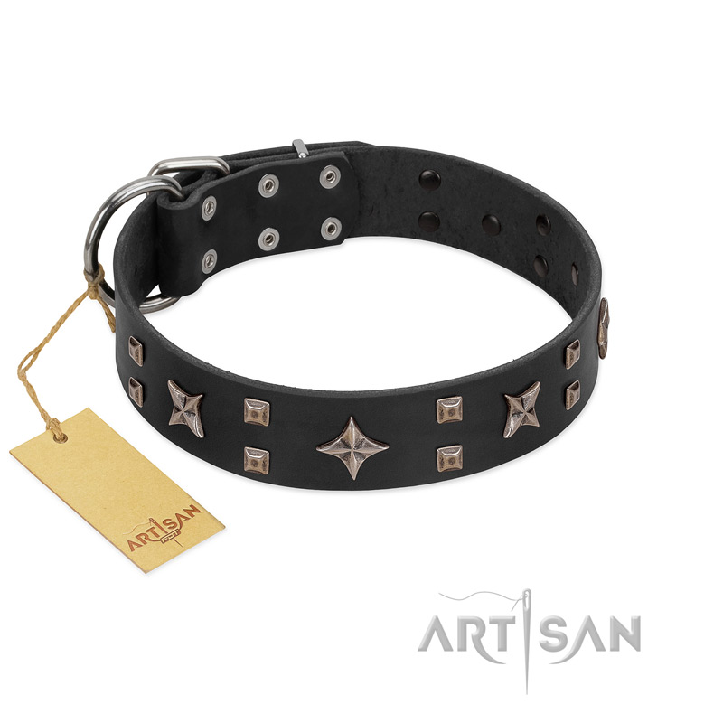 "Star Excitement" Modern FDT Artisan Black Leather Labrador Collar with Studs and Stars - Click Image to Close