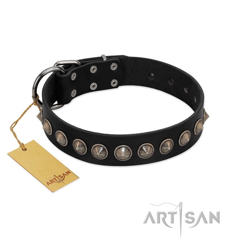 "Black Eagle" Handcrafted FDT Artisan Black Leather Labrador Collar with Silver-Like Adornments