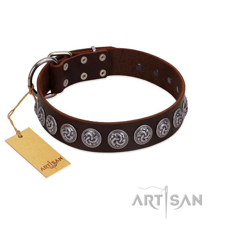 "Charming Circles" FDT Artisan Brown Leather Labrador Collar with Silver-like Studs