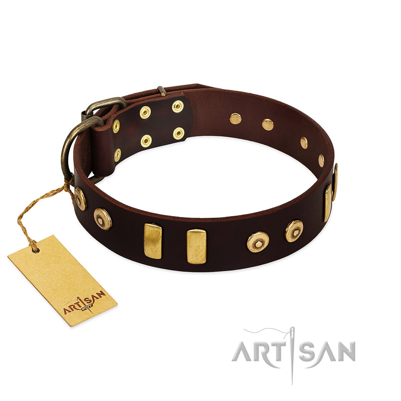 "Lord of Dogs" FDT Artisan Brown Leather Labrador Collar with Old Bronze-like Dotted Studs and Tiles