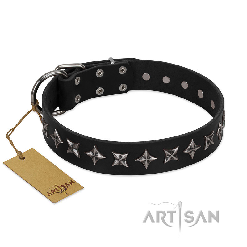 "Lights-out" FDT Artisan Black Leather Labrador Collar with Silver-like Set of Stars