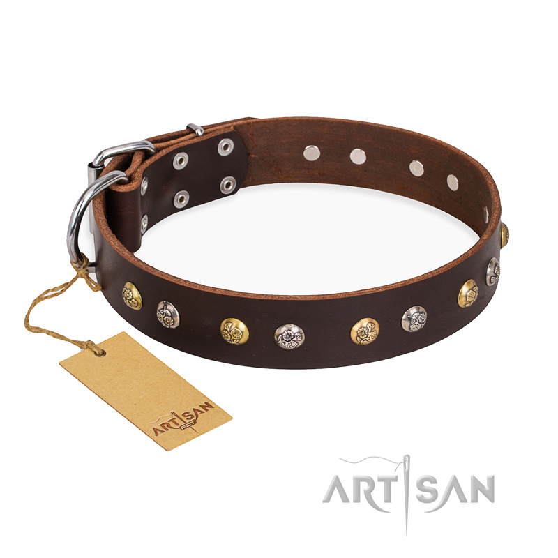 "Rare Flower" FDT Artisan Brown Leather Labrador Collar Adorned with Old-look Hemisphere Studs - Click Image to Close