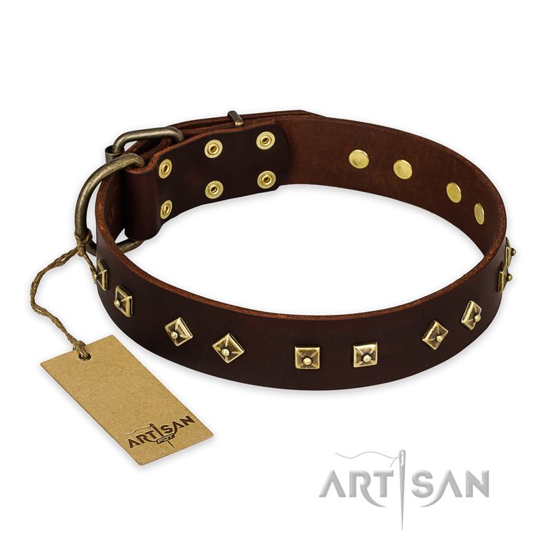 "Fashion Studs" FDT Artisan Decorated Leather Labrador Collar with Old Bronze-Plated Steel Hardware