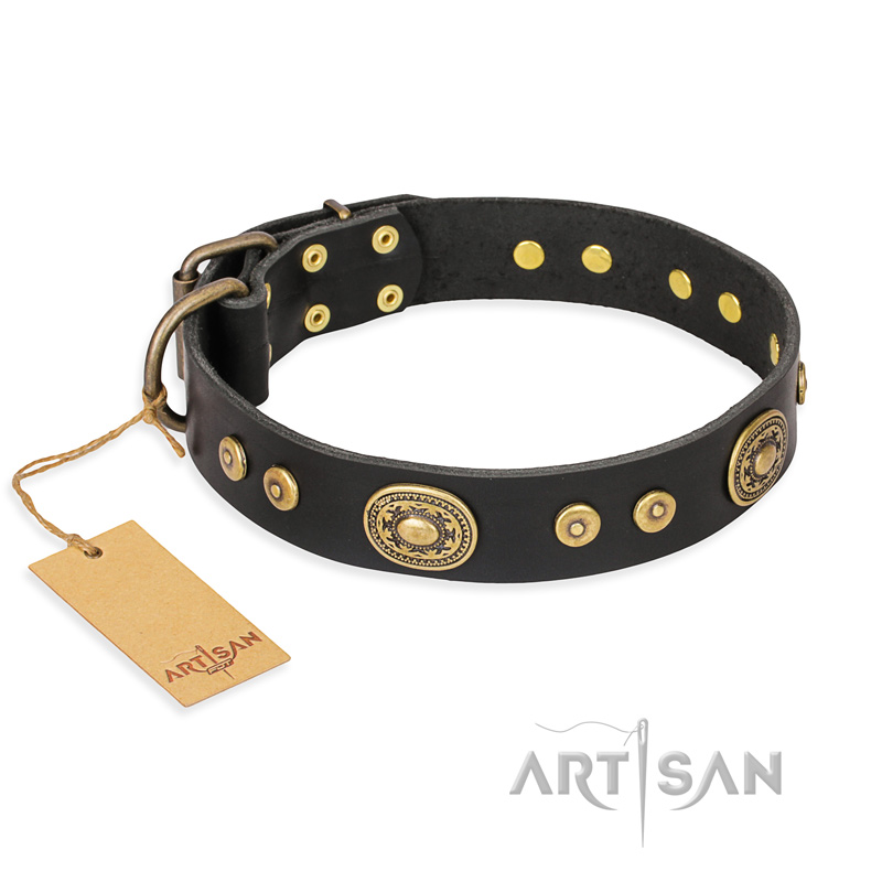"Golden Radiance" FDT Artisan Black Leather Labrador Collar with Old Bronze Look Ovals and Circles