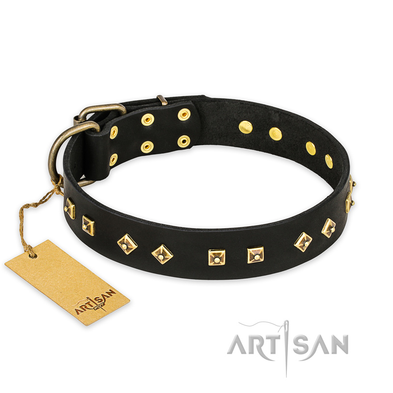 "Rhomb Style" FDT Artisan Decorated Leather Labrador Collar with Old Bronze-Plated Studs 1 1/2 inch (40 mm) Wide