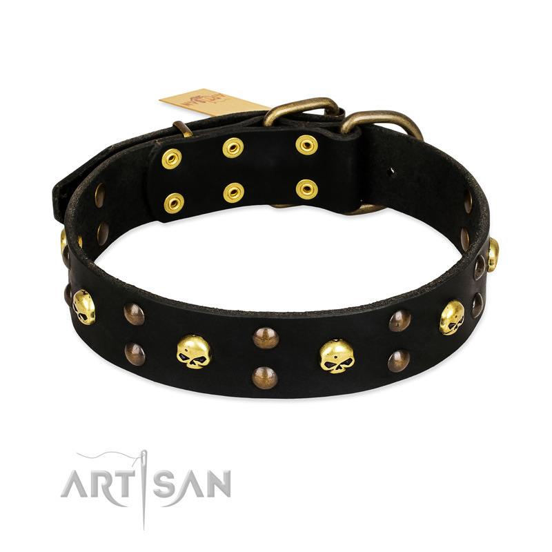 "Heavy Metal" Leather Labrador Collar with Skulls and Studs 1 1/2 inch (40 mm)