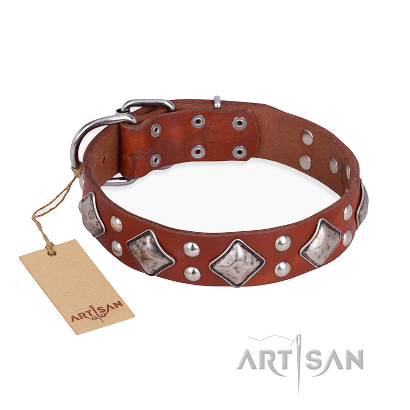 "Magic Squares" FDT Artisan Tan Leather Labrador Collar with Silver-like Decor