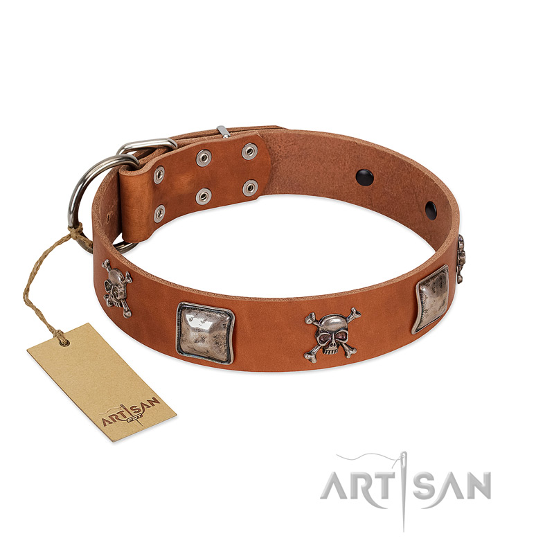 "Amorous Escapade" Embellished FDT Artisan Tan Leather Labrador Collar with Chrome Plated Crossbones and Plates