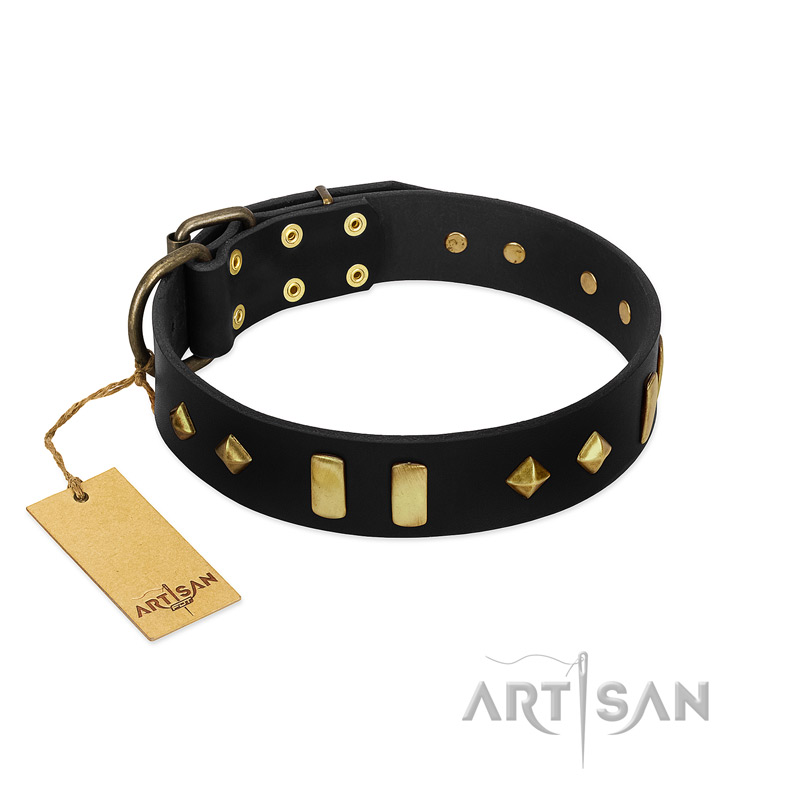 "De Luxe" FDT Artisan Black Leather Labrador Collar with Old Bronze-like Plates and Studs - Click Image to Close