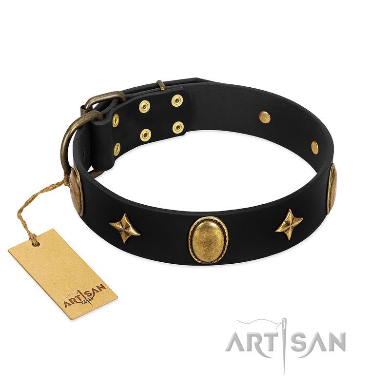"Star Powder" FDT Artisan Black Leather Labrador Collar with Ovals and Stars - 1 1/2 inch Wide