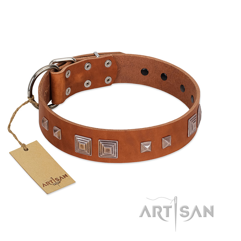 "Egyptian Gifts" Handmade FDT Artisan Tan Leather Labrador Collar with Chrome-plated Pyramids