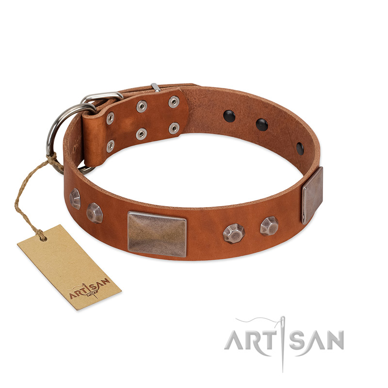 "Great Obelisk" Handcrafted FDT Artisan Tan Leather Labrador Collar with Large Plates and Pyramids