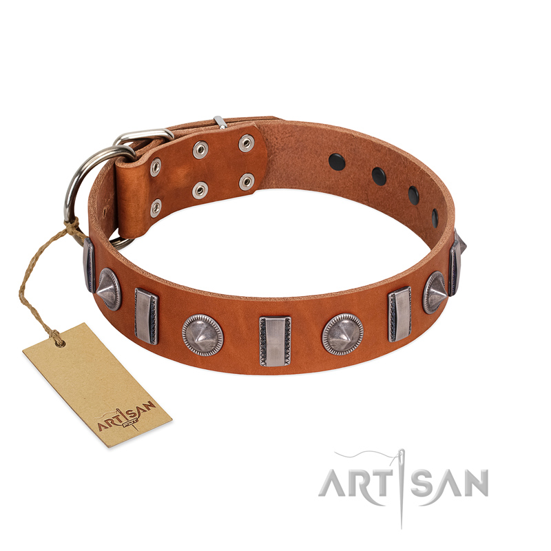 "Luxurious Necklace" FDT Artisan Tan Leather Labrador Collar with Silver-Like Adornments