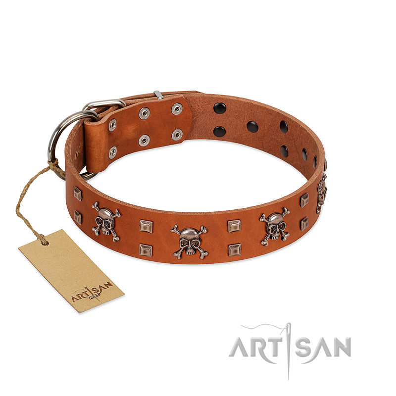"Rebellious Nature" FDT Artisan Tan Leather Labrador Collar Embellished with Crossbones and Square Studs